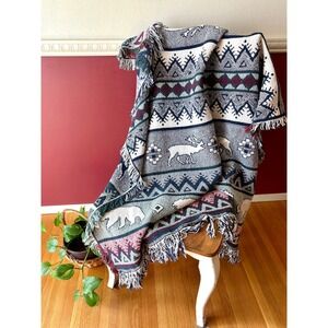 Vintage 1994 Simply Country Woven Cotton Throw Blanket Bear Reindeer Lodge 46x60